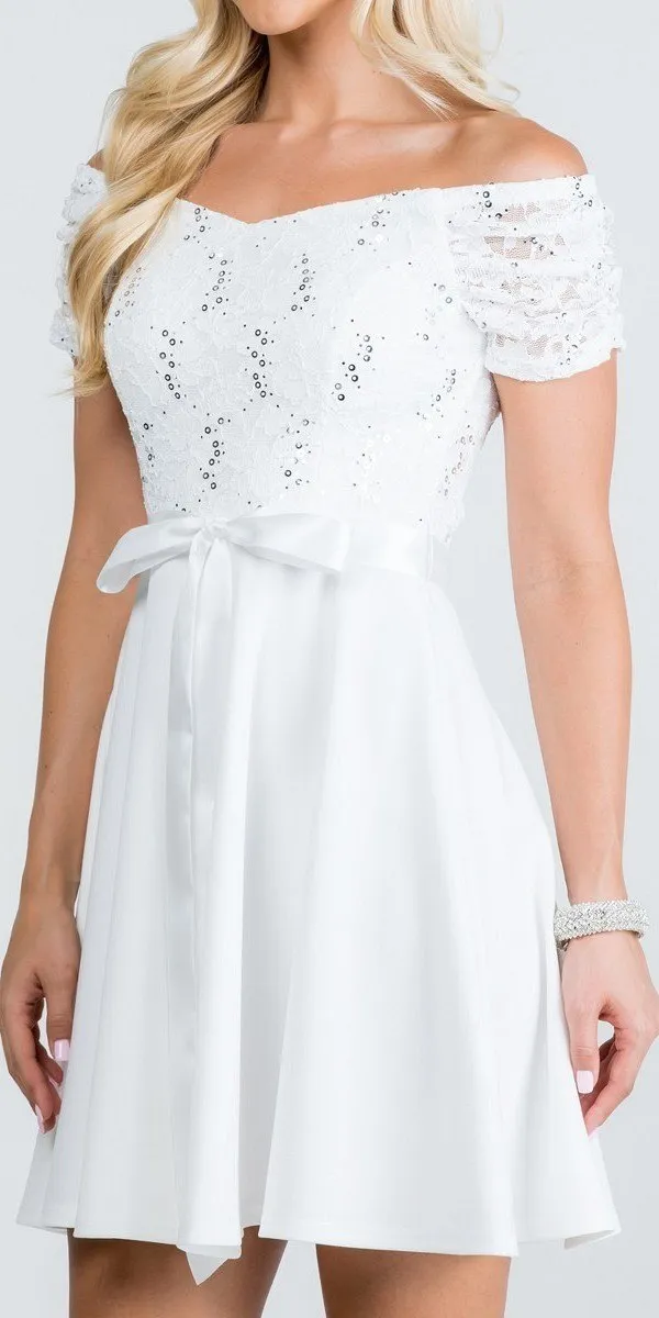 La Scala 25737 Off The Shoulder Ruched Sleeve Lace Fit And Flare Dress