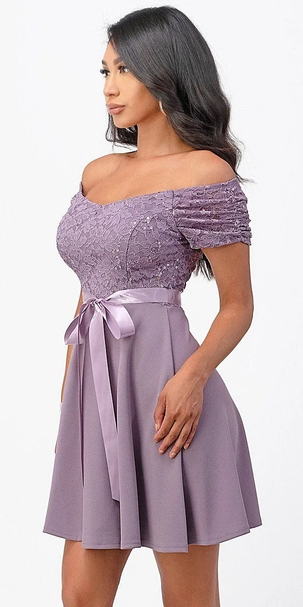 La Scala 25737 Off The Shoulder Ruched Sleeve Lace Fit And Flare Dress