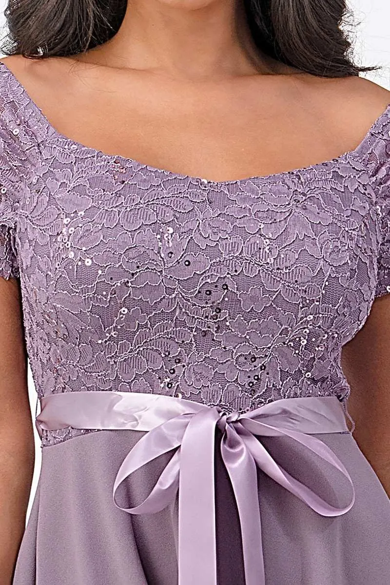 La Scala 25737 Off The Shoulder Ruched Sleeve Lace Fit And Flare Dress