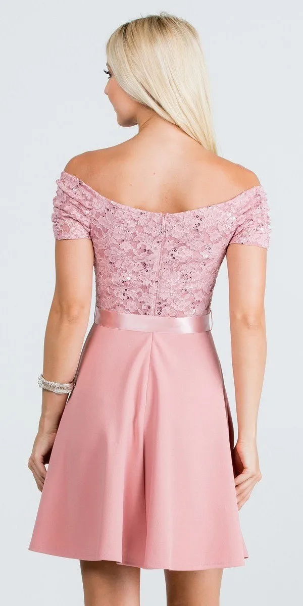 La Scala 25737 Off The Shoulder Ruched Sleeve Lace Fit And Flare Dress