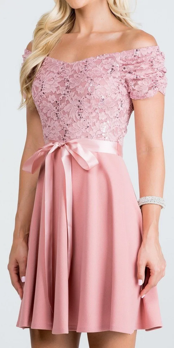 La Scala 25737 Off The Shoulder Ruched Sleeve Lace Fit And Flare Dress