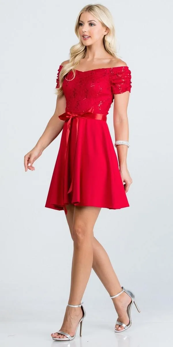 La Scala 25737 Off The Shoulder Ruched Sleeve Lace Fit And Flare Dress