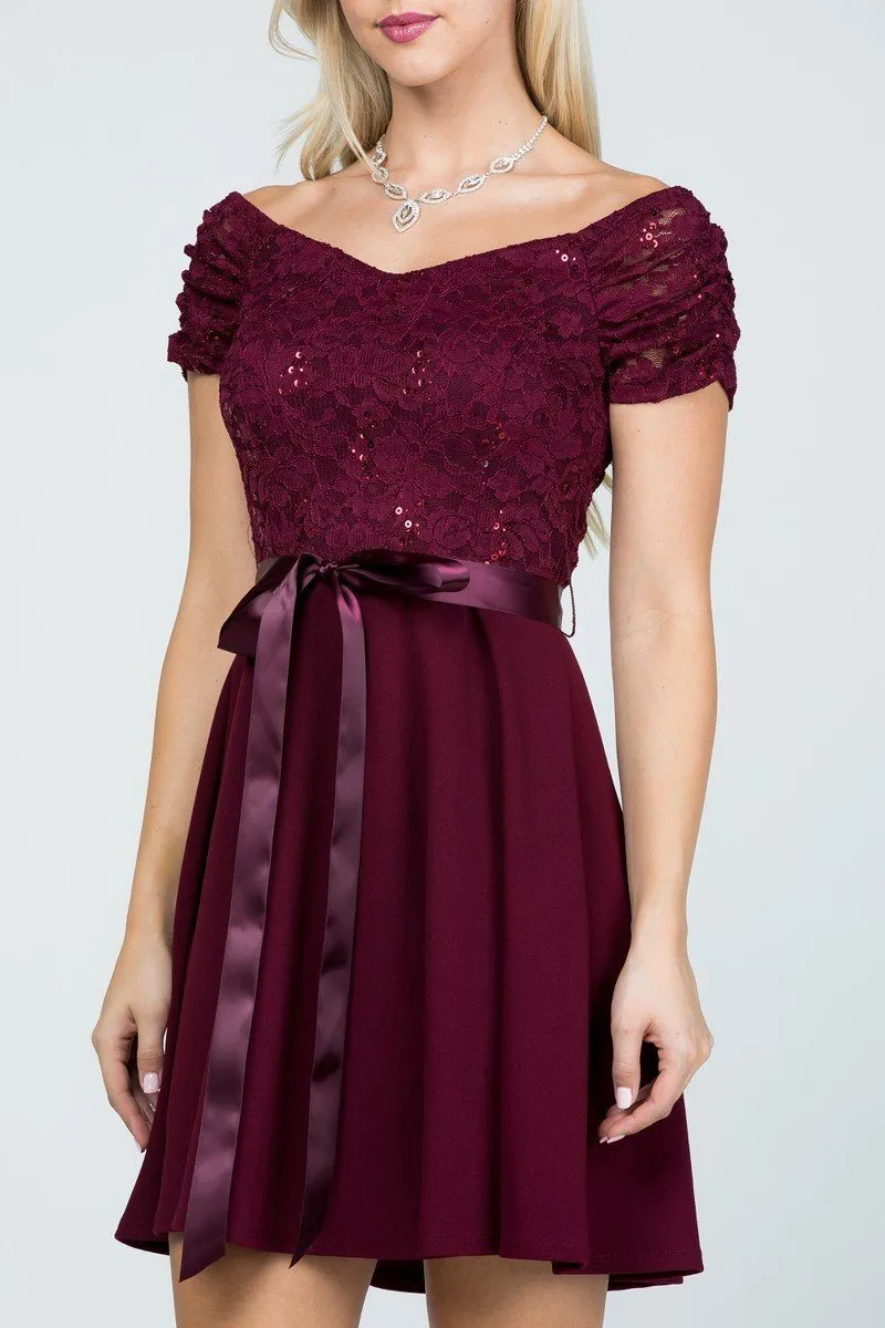 La Scala 25737 Off The Shoulder Ruched Sleeve Lace Fit And Flare Dress