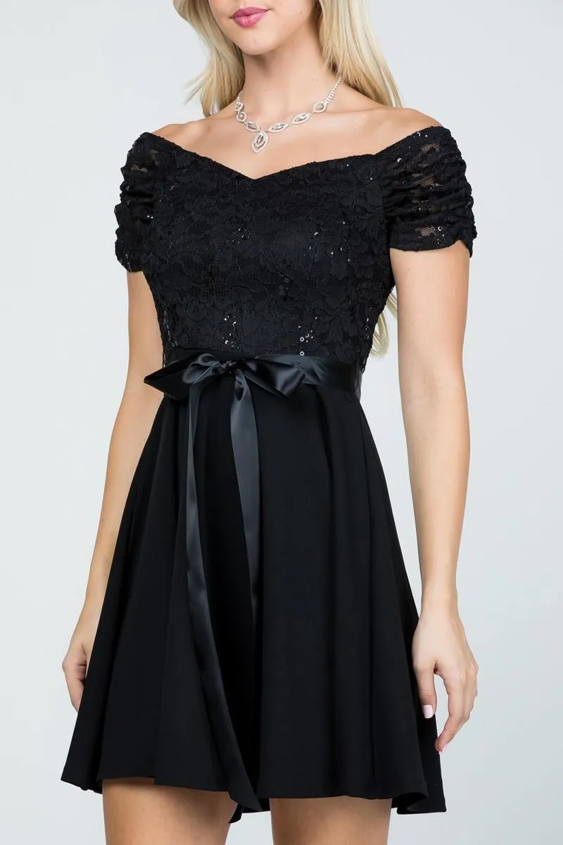 La Scala 25737 Off The Shoulder Ruched Sleeve Lace Fit And Flare Dress