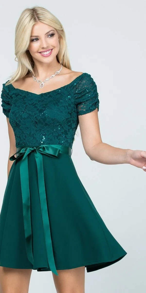 La Scala 25737 Off The Shoulder Ruched Sleeve Lace Fit And Flare Dress