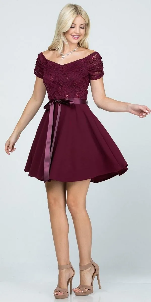 La Scala 25737 Off The Shoulder Ruched Sleeve Lace Fit And Flare Dress