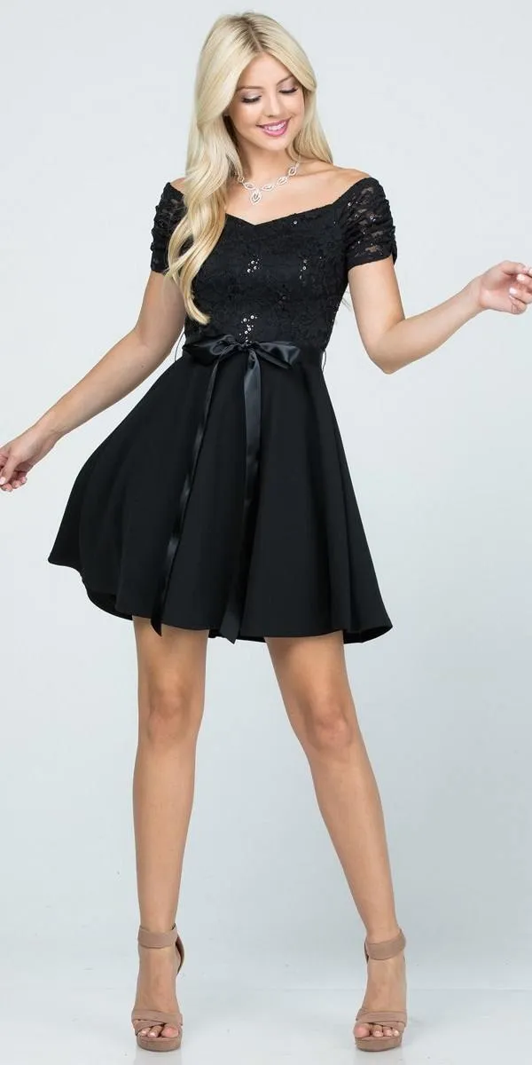 La Scala 25737 Off The Shoulder Ruched Sleeve Lace Fit And Flare Dress