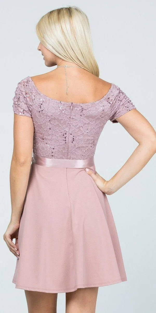 La Scala 25737 Off The Shoulder Ruched Sleeve Lace Fit And Flare Dress