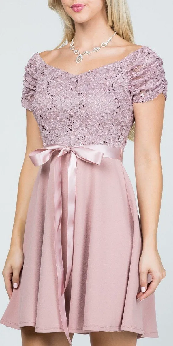 La Scala 25737 Off The Shoulder Ruched Sleeve Lace Fit And Flare Dress
