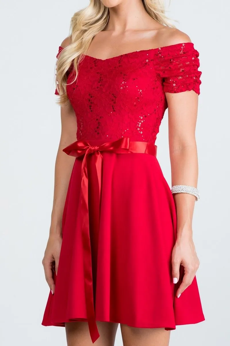 La Scala 25737 Off The Shoulder Ruched Sleeve Lace Fit And Flare Dress