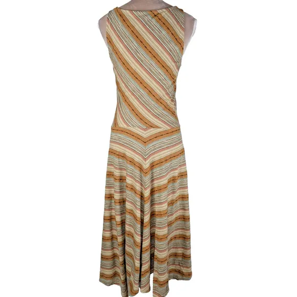 Lauren Ralph Lauren Maxi Dress Beige Stripe Sleeveless Flare Handkerchief Hem M