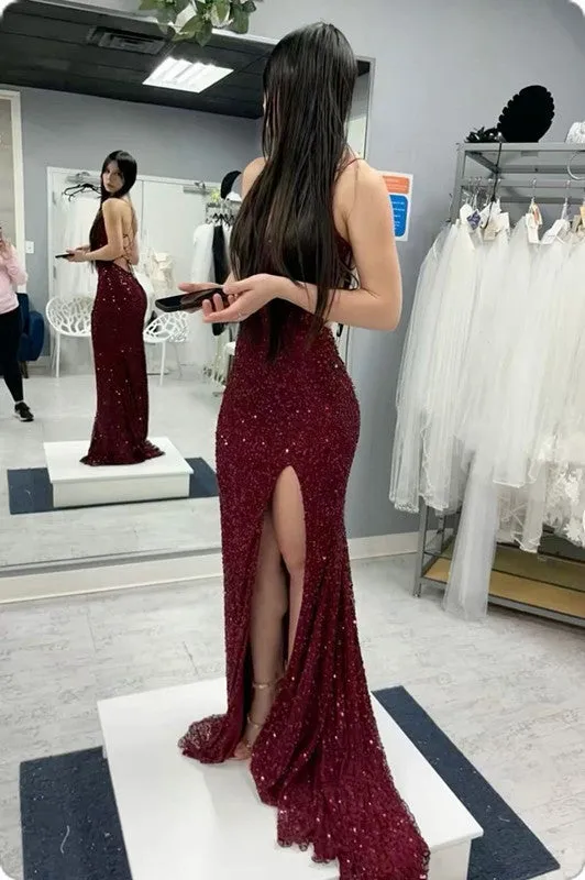 Long Evening Dresses Mermaid Sequins Prom Dress with Silt  fg6711