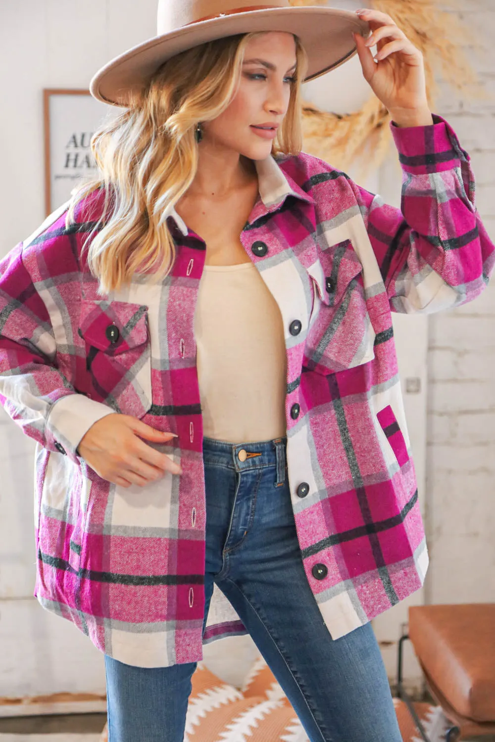Magenta Plaid Flannel Button Down Oversized Jacket