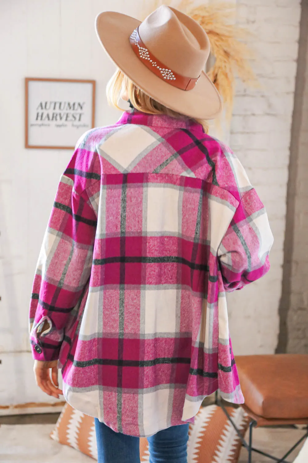 Magenta Plaid Flannel Button Down Oversized Jacket