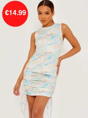 Multi Marble Print Sleeveless Ruched Dress