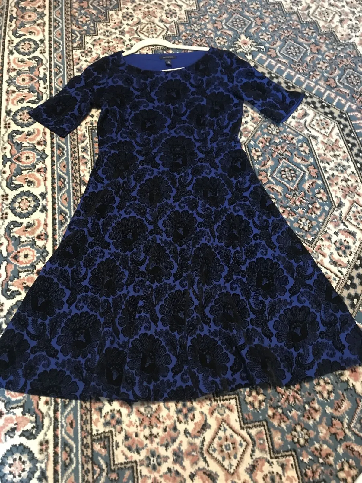 New Lands End Blue Black Velvet Flocked Floral Fit Flare Ponte Knit Midi Dress, Sz 1X! Very Flattering!