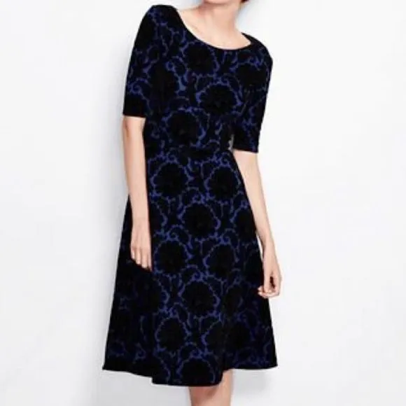 New Lands End Blue Black Velvet Flocked Floral Fit Flare Ponte Knit Midi Dress, Sz 1X! Very Flattering!