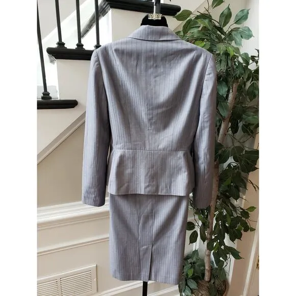 Nine West 2 Piece Skirt Suit Womens Size 4 Gray Striped Single Breasted 3 Button