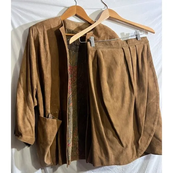 Nomad Woman's Jacket/Skirt Suit Set Vtg Leather Suede Brown Suit Size S
