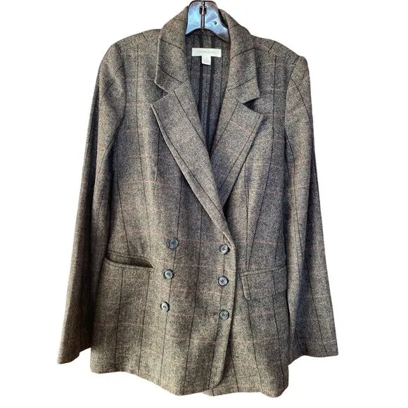 Nordstrom Double Breasted Plaid Tweed Academic Professional Wool Blazer Small