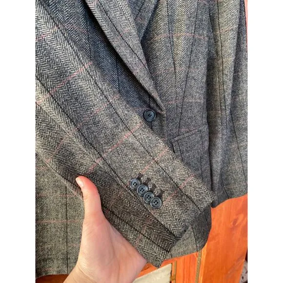 Nordstrom Double Breasted Plaid Tweed Academic Professional Wool Blazer Small