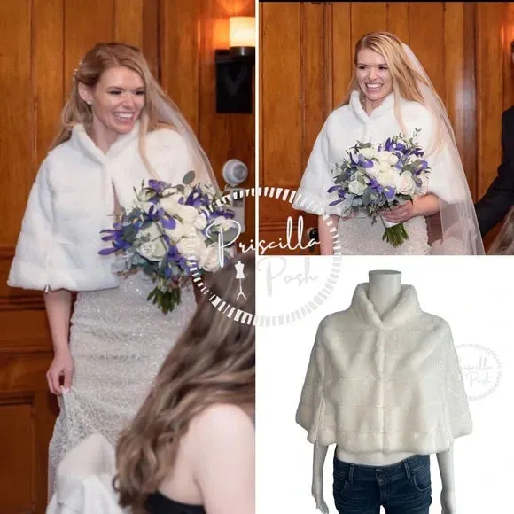 NWT BCBGMaxazria Ivory White Faux Fur Shrug Wrap Capelet Jacket Bridal Stole