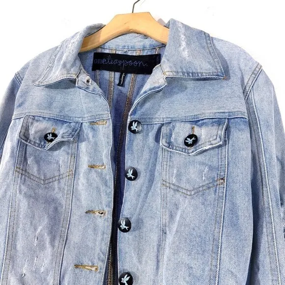 ONE TEASPOON Dolls Kill Rebel Hell Distressed Denim Jacket Light Wash 10 Grunge