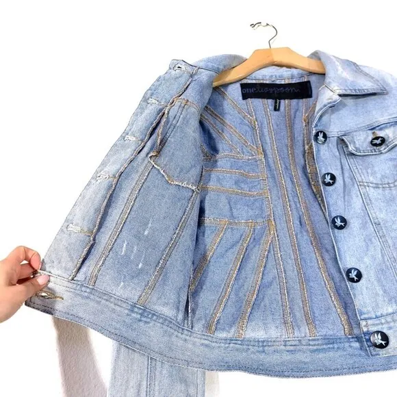 ONE TEASPOON Dolls Kill Rebel Hell Distressed Denim Jacket Light Wash 10 Grunge