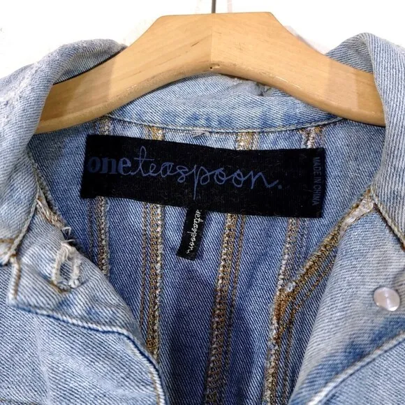 ONE TEASPOON Dolls Kill Rebel Hell Distressed Denim Jacket Light Wash 10 Grunge