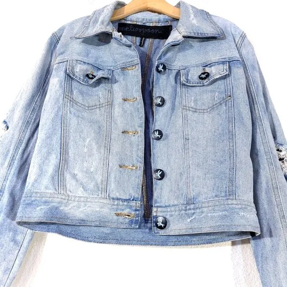 ONE TEASPOON Dolls Kill Rebel Hell Distressed Denim Jacket Light Wash 10 Grunge