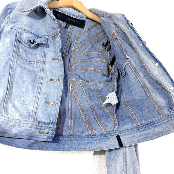 ONE TEASPOON Dolls Kill Rebel Hell Distressed Denim Jacket Light Wash 10 Grunge