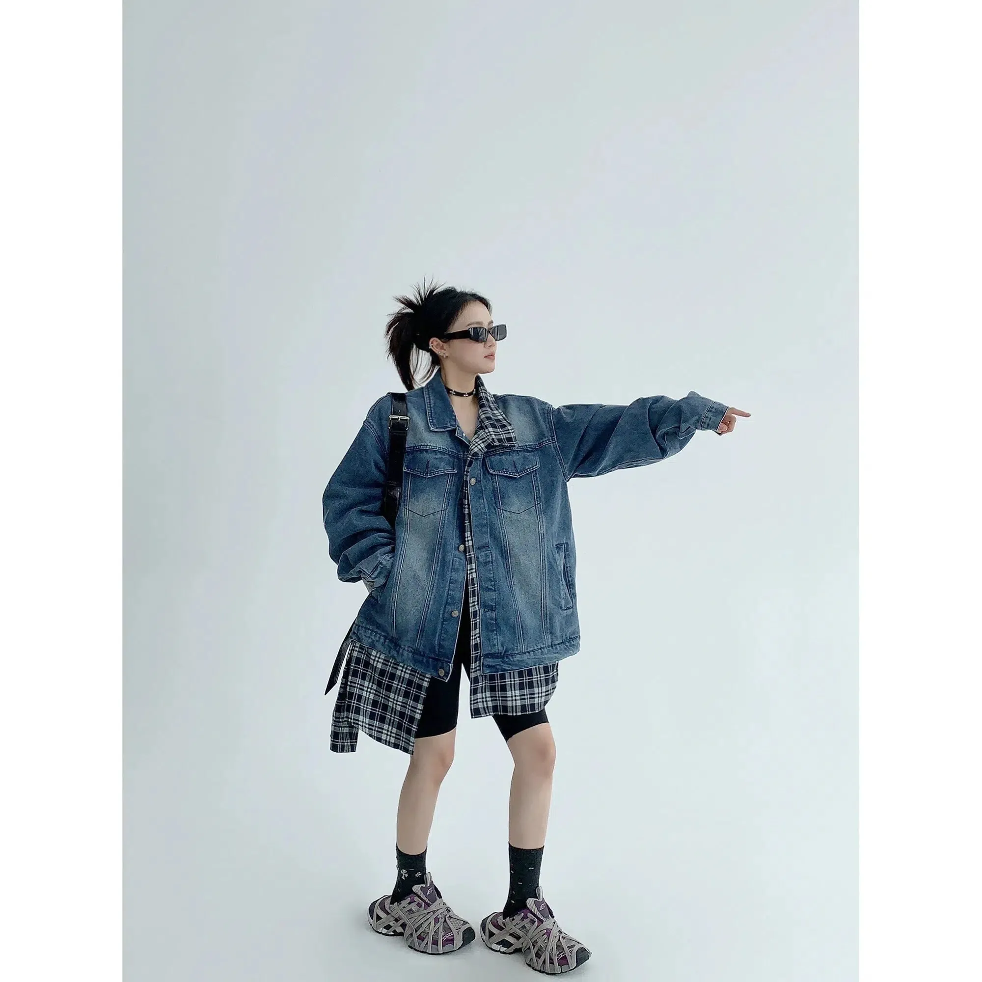 Oversized Plaid Denim Jacket