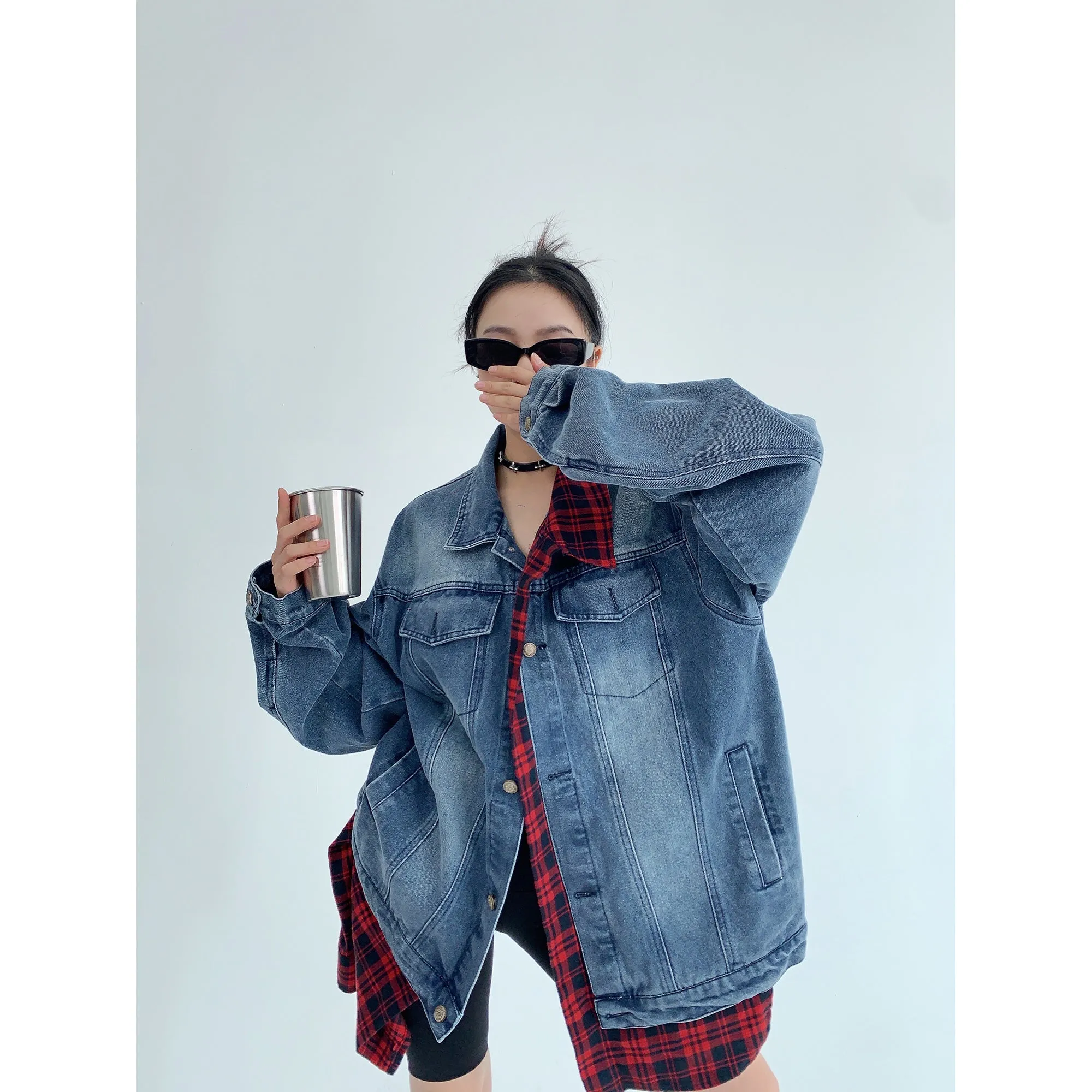 Oversized Plaid Denim Jacket