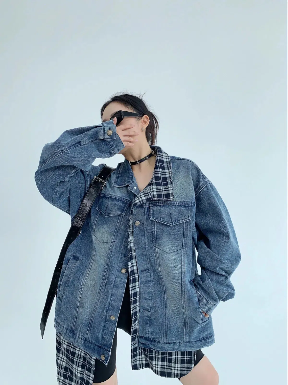 Oversized Plaid Denim Jacket