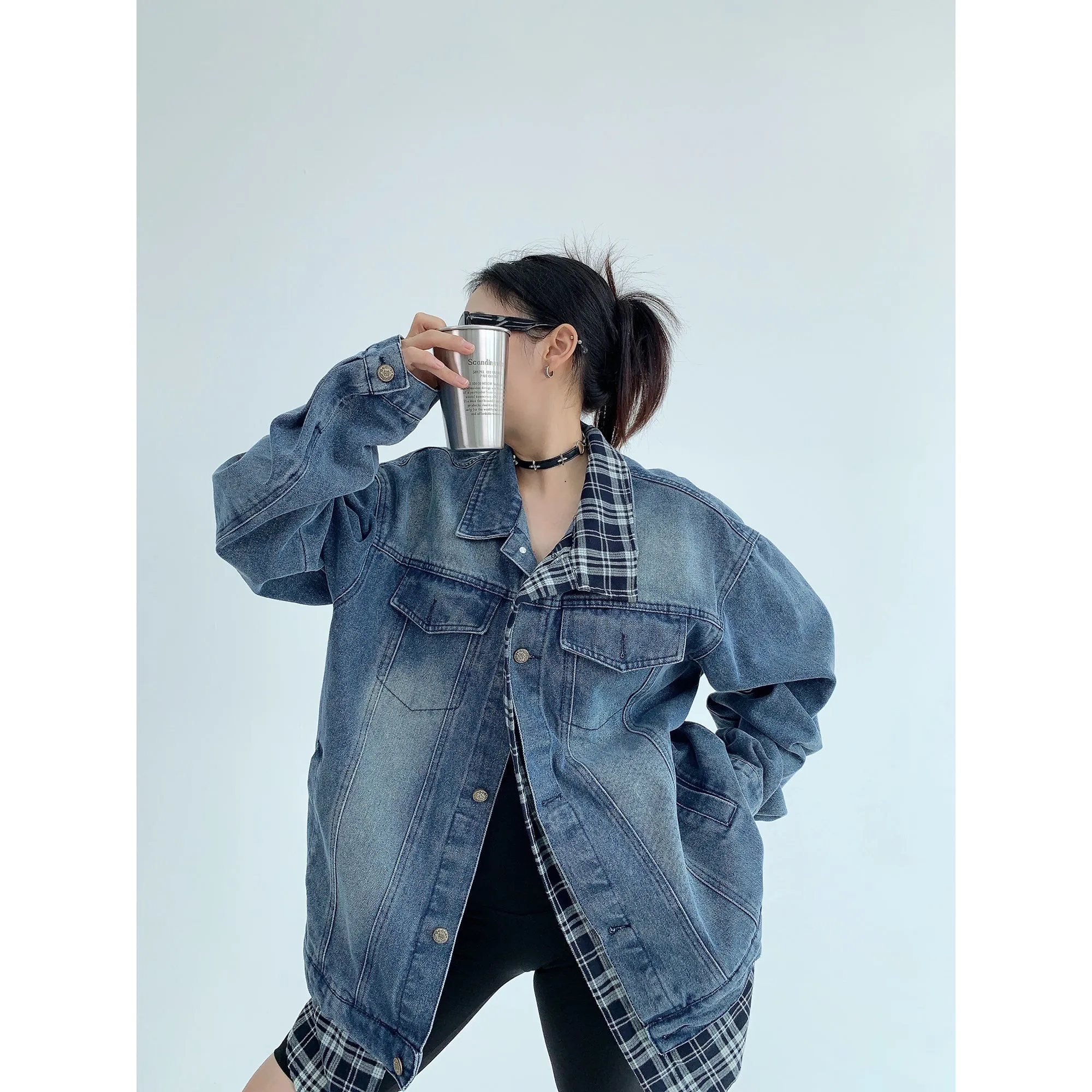 Oversized Plaid Denim Jacket
