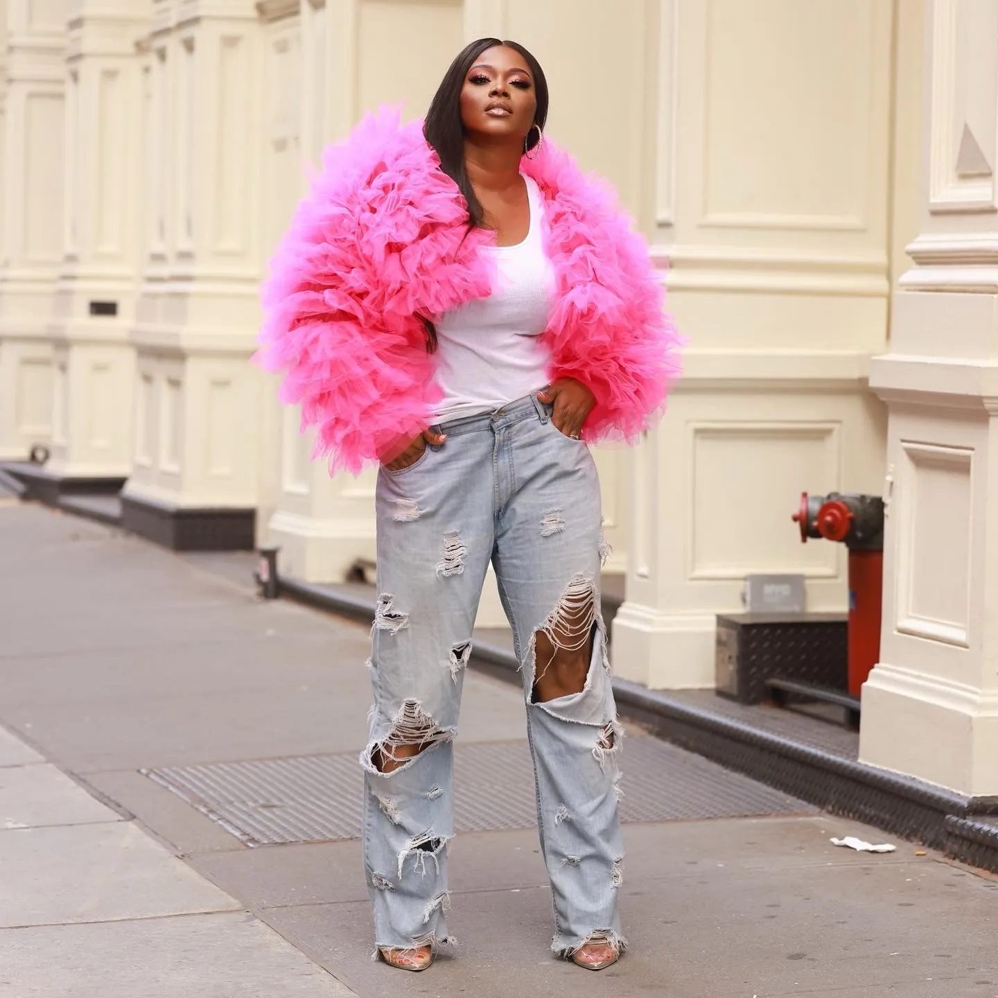 Oyemwen Hot Pink Cropped Tulle Hoodie Jacket
