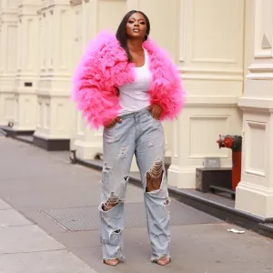Oyemwen Hot Pink Cropped Tulle Hoodie Jacket