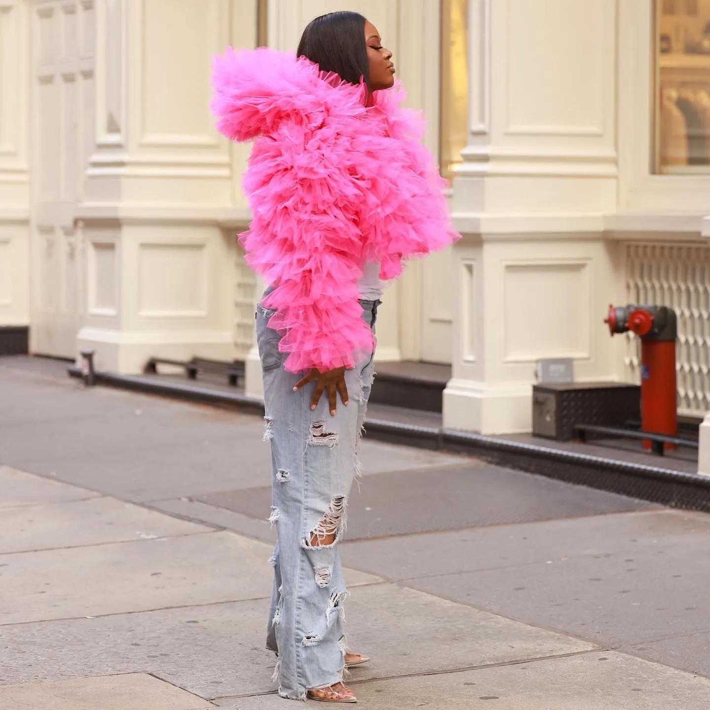 Oyemwen Hot Pink Cropped Tulle Hoodie Jacket