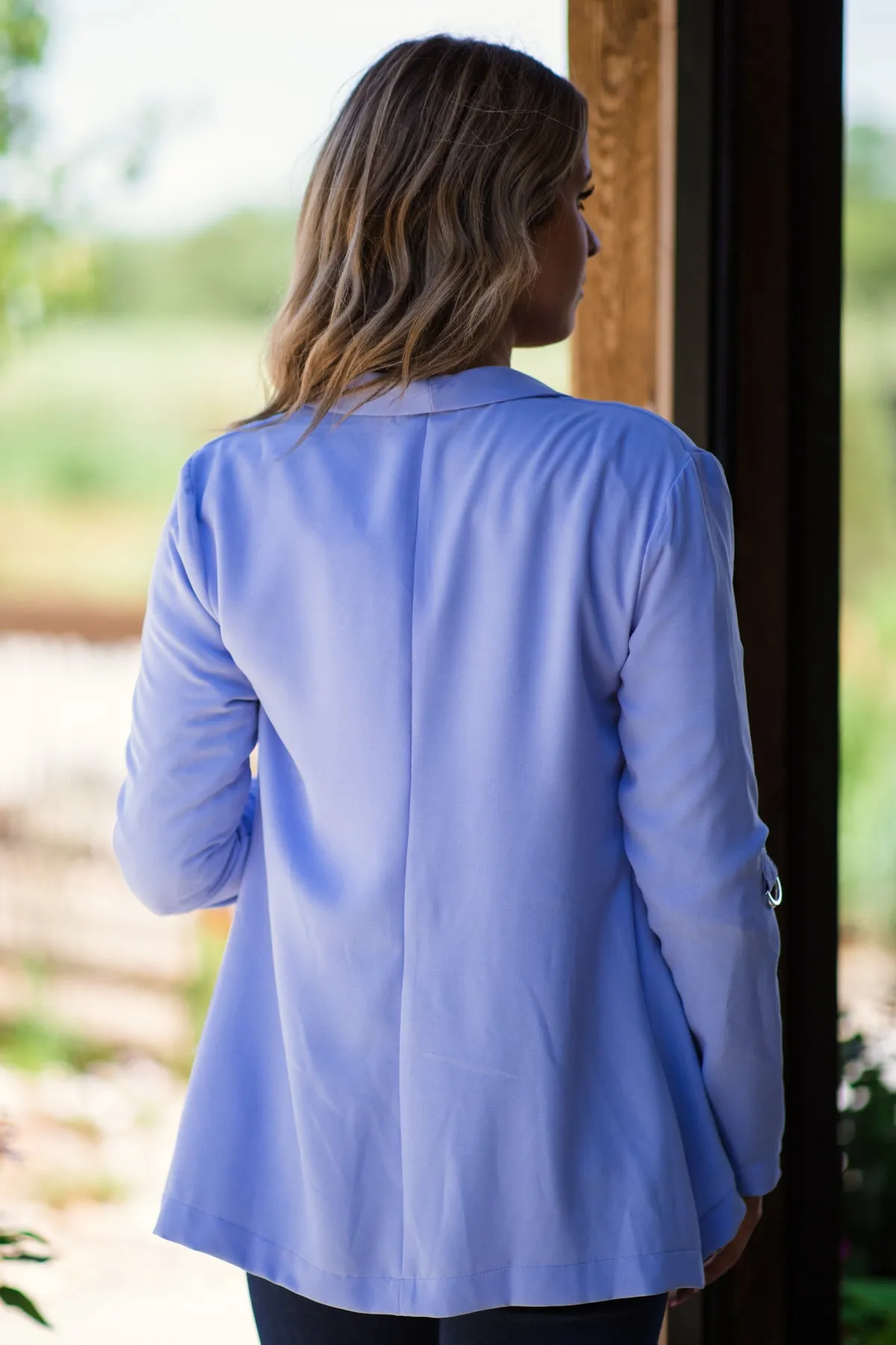 Pastel Blue Waterfall Front Tab Sleeve Blazer