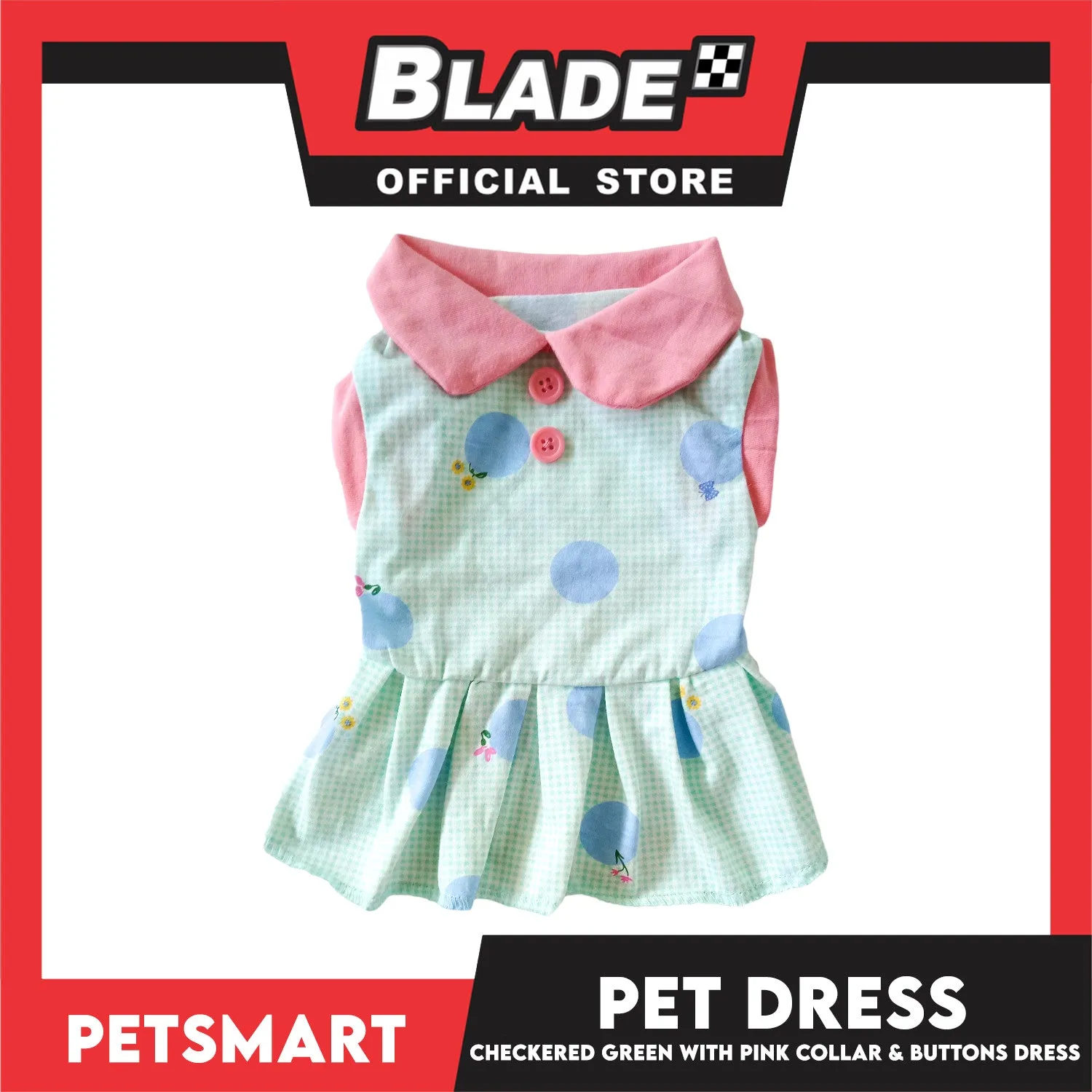 Pet Dress Checkered Design, Green with Pink Collar and Button Dress (Small) Perfect Fit for Dogs and Cats