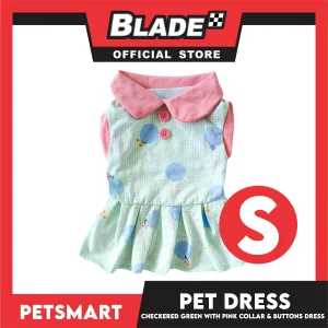 Pet Dress Checkered Design, Green with Pink Collar and Button Dress (Small) Perfect Fit for Dogs and Cats