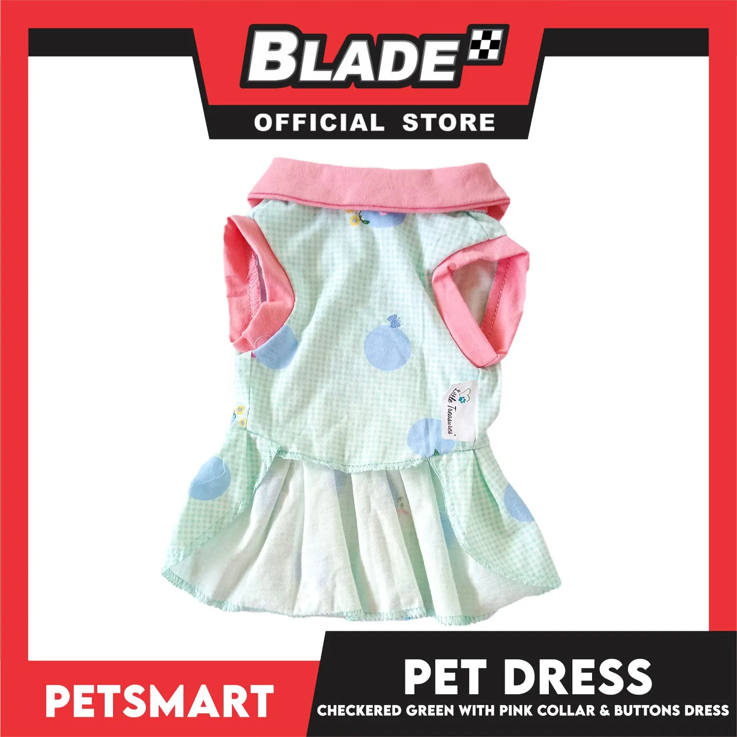 Pet Dress Checkered Design, Green with Pink Collar and Button Dress (Small) Perfect Fit for Dogs and Cats