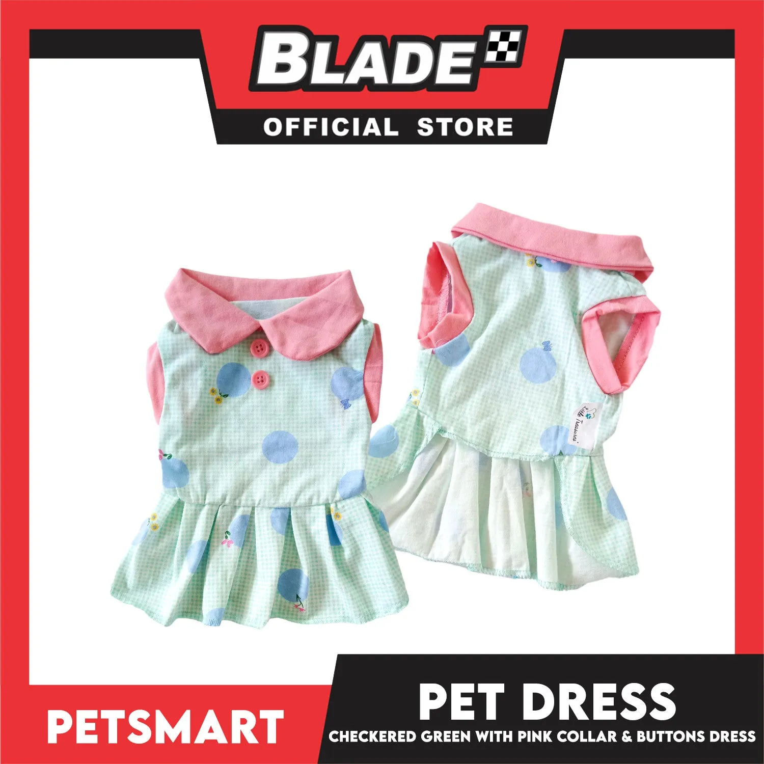Pet Dress Checkered Design, Green with Pink Collar and Button Dress (Small) Perfect Fit for Dogs and Cats