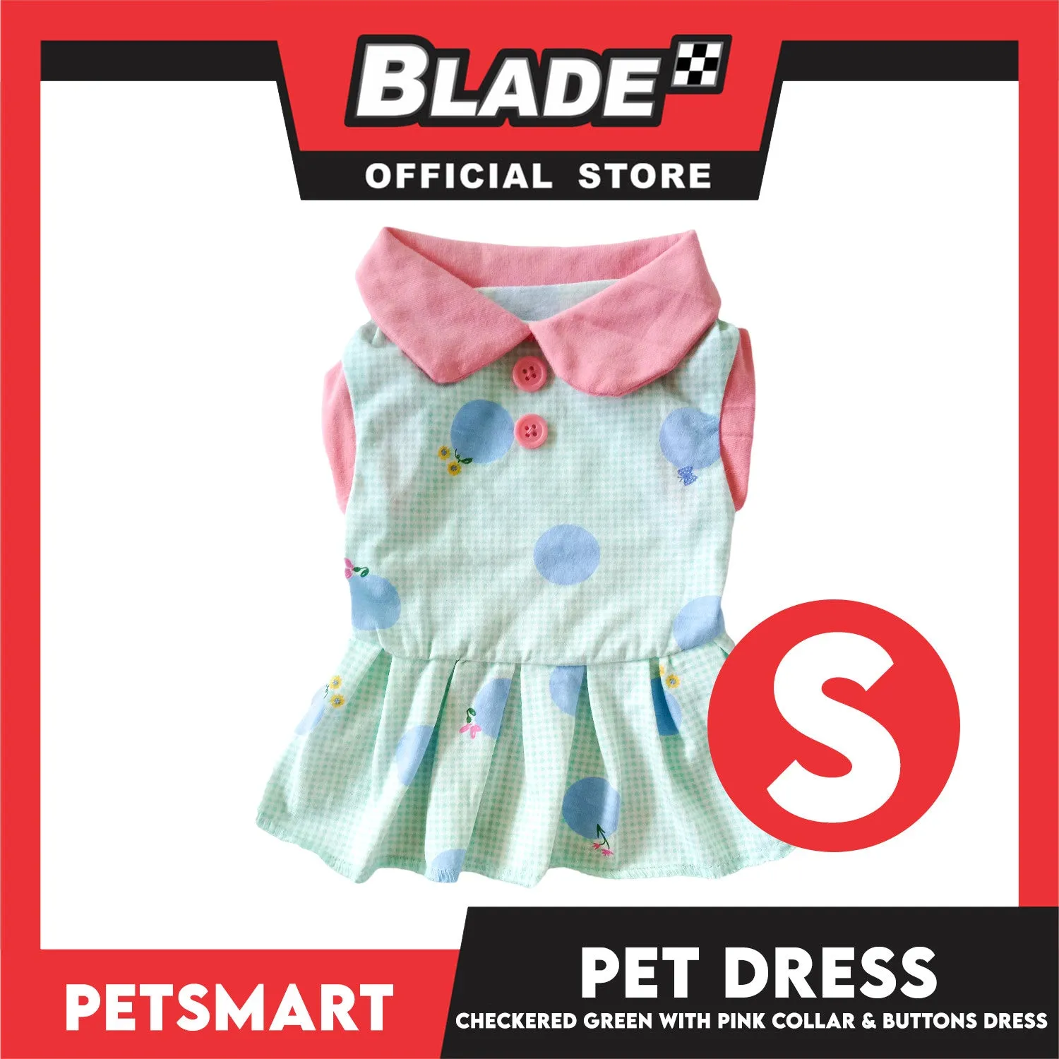 Pet Dress Checkered Design, Green with Pink Collar and Button Dress (Small) Perfect Fit for Dogs and Cats