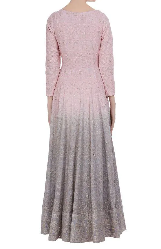 Pink and Grey Ombre Lakhnavi Chikankari Anarkali Suit Set