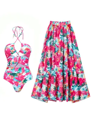 Pink Handmade Flower Halter Ruffles One Piece With Bathing Suit Wrap Skirt