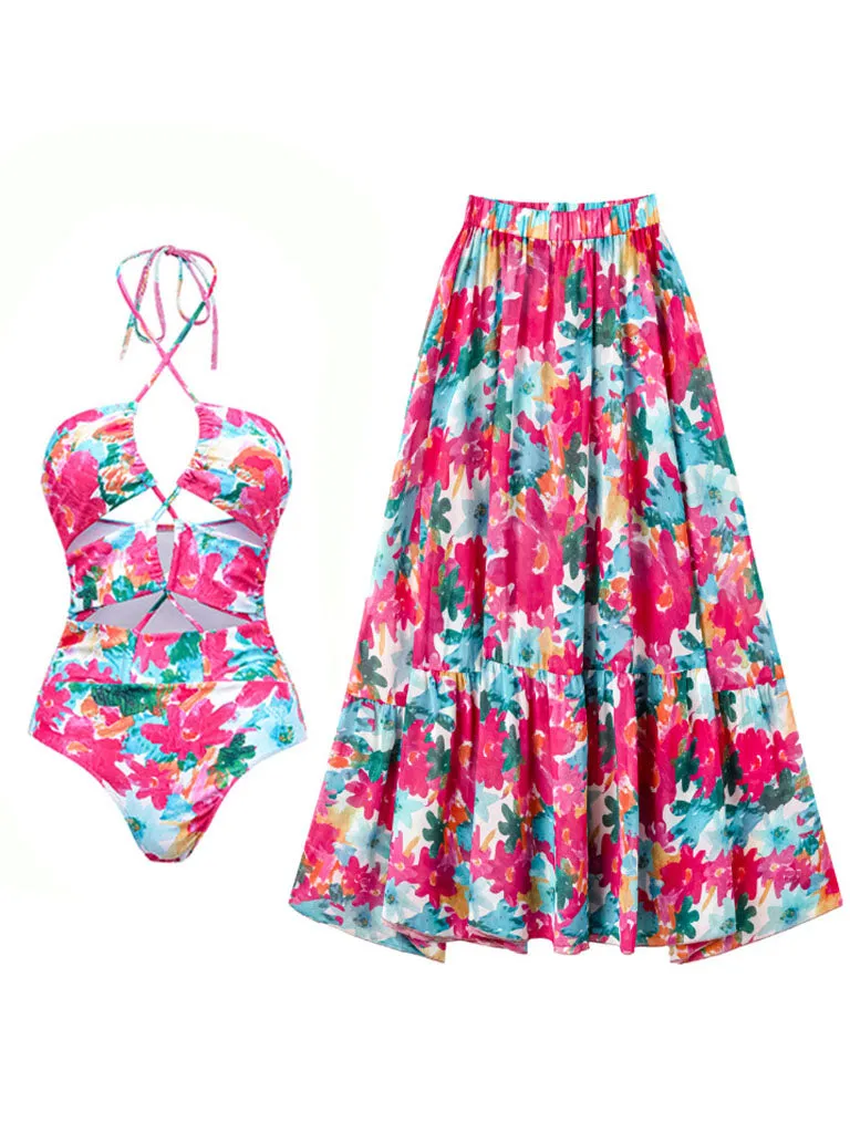 Pink Handmade Flower Halter Ruffles One Piece With Bathing Suit Wrap Skirt