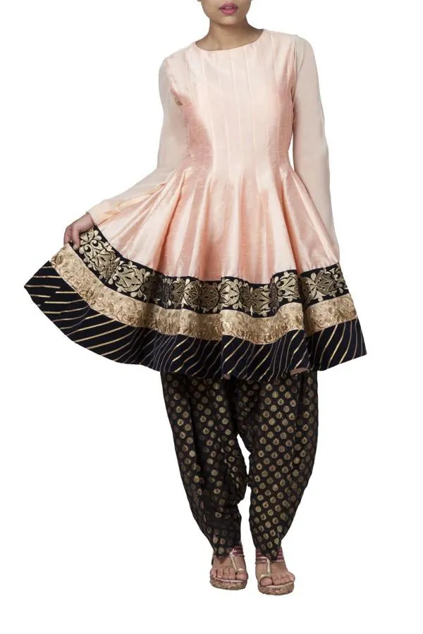 Pink Raw Silk Short Kalidar Suit With Patiala Salwar
