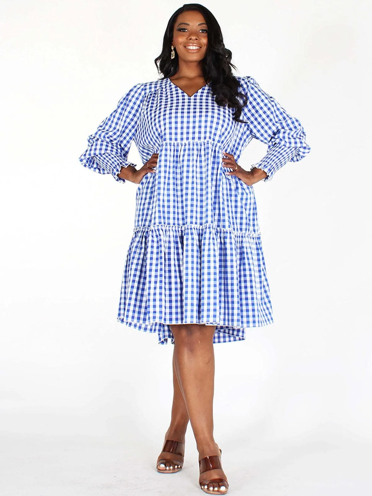 PLUS SIZE LONG SLEEVES V-NECK TIERED PLAID MIDI DRESS