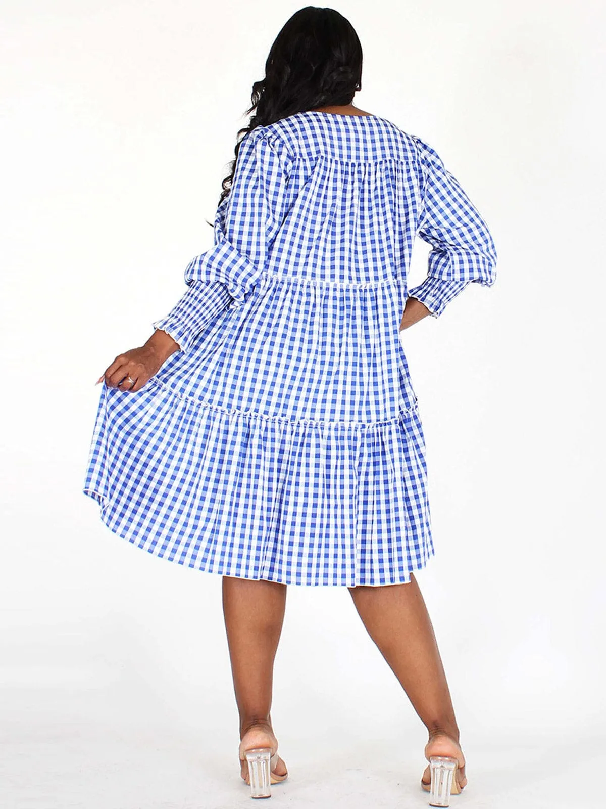 PLUS SIZE LONG SLEEVES V-NECK TIERED PLAID MIDI DRESS